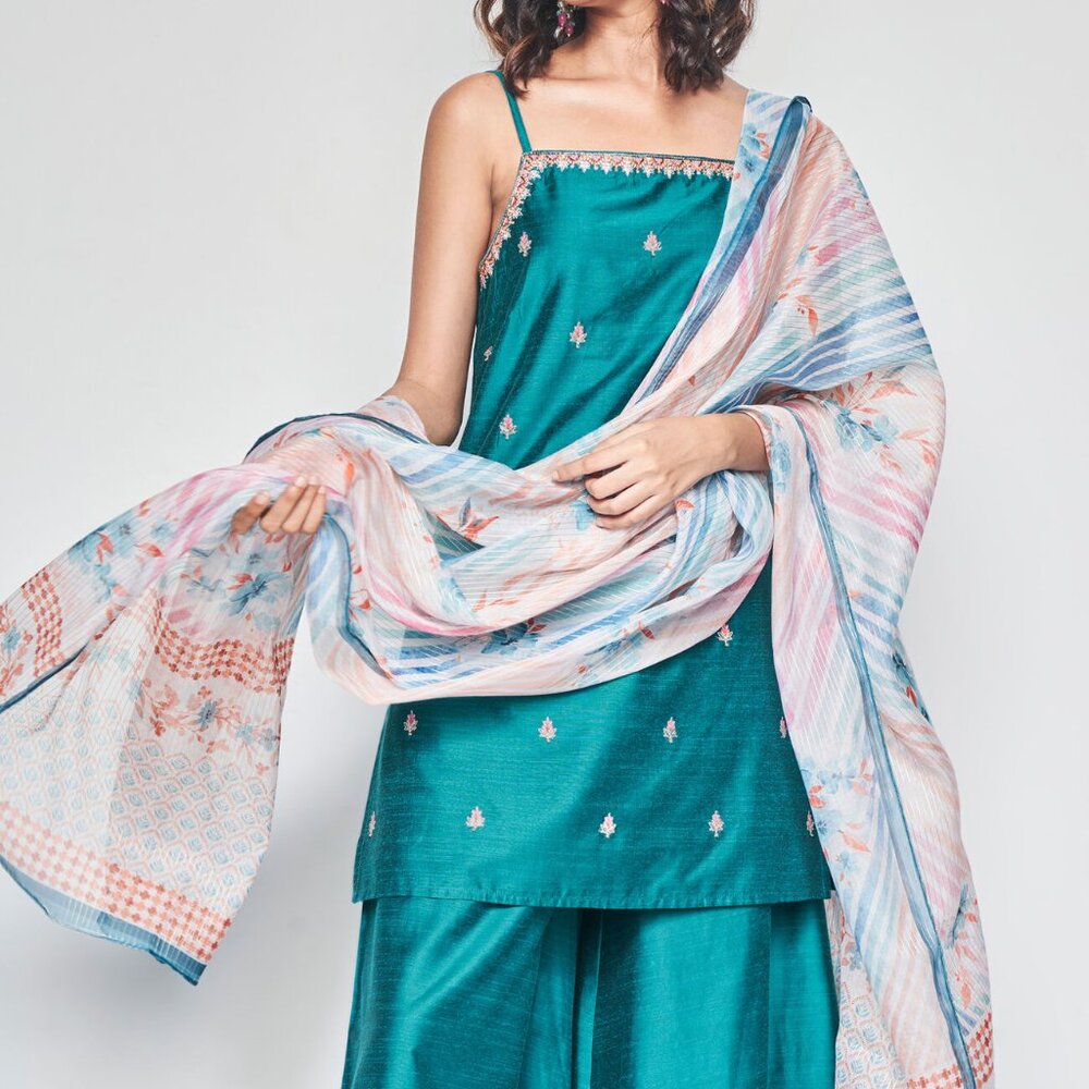 Global Desi Teal Kurta Set with Floral Dupatta Size M